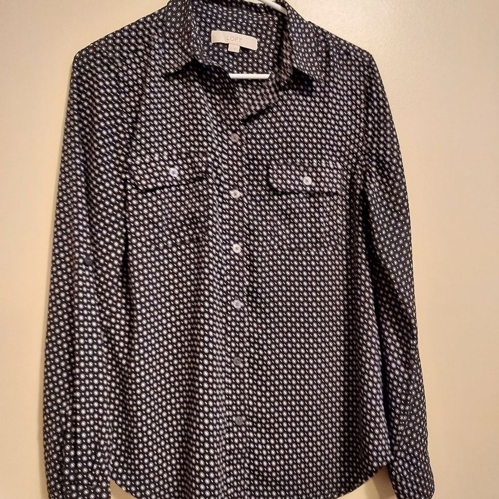 Loft l/s black white top small
